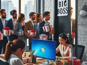 Employees lined up at a door that has a sign that says Big Boss. All the employees have gifts in their hands.