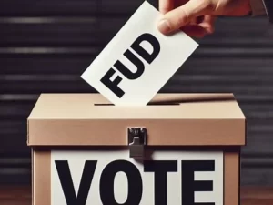 Hand putting ballot into a voting box with FUD written on the outside of the ballot.