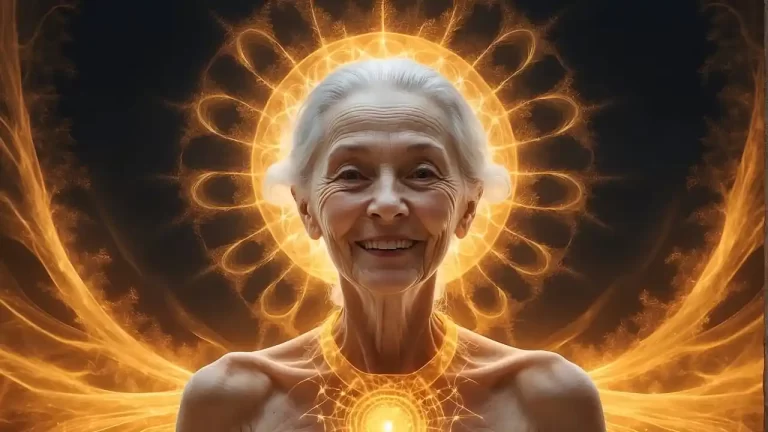 Older woman with rays of light emanating from her head and shoulders.
