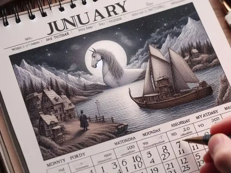 Calendar Page with the fictional month of Junuary. Photo on calendar page is a mythical setting.