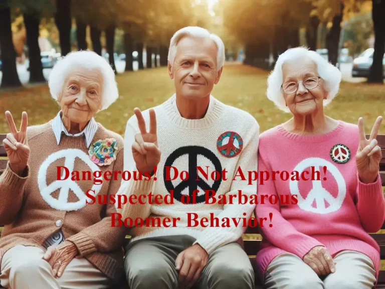 3 Elderly people sitting on a park bench, wearing sweaters with peace symbols on them, giving the peace sign with their fingers. Red lettering across the image saying, Dangerous-Do Not Approach!