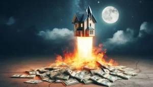 A house in simulating a rocket blasting off while scorching a pile of money below it.