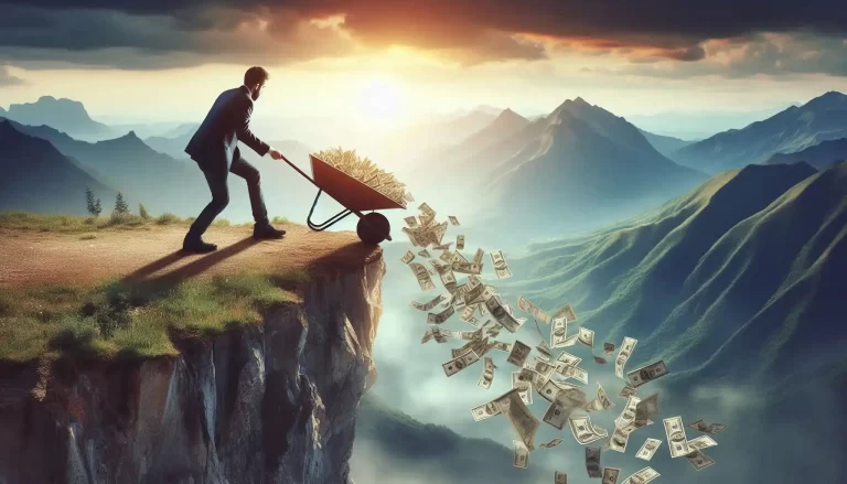 Man in a suit dumping a wheelbarrow of money over a mountain cliff.